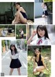 A collage of photos of a woman in a school uniform.