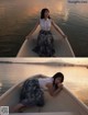 A woman sitting in a boat on the water.