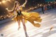 A woman in a yellow dress skating on an ice rink.